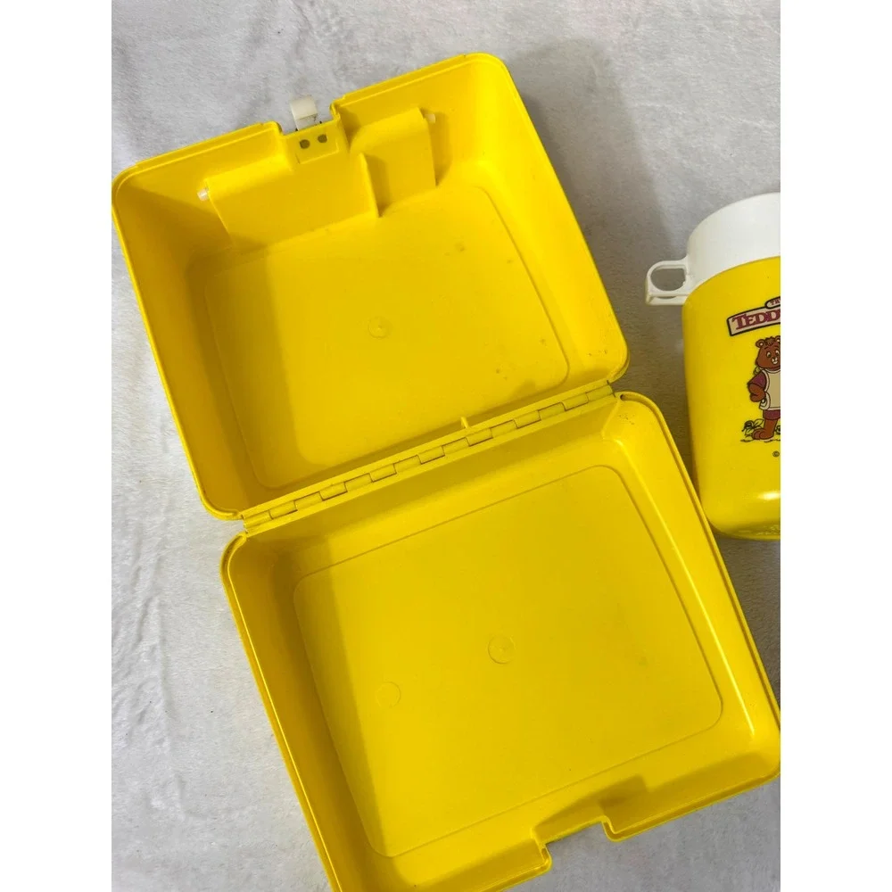 Vintage 1980s Teddy Ruxpin Thermos Plastic Lunch Box with Matching Bottle Yellow